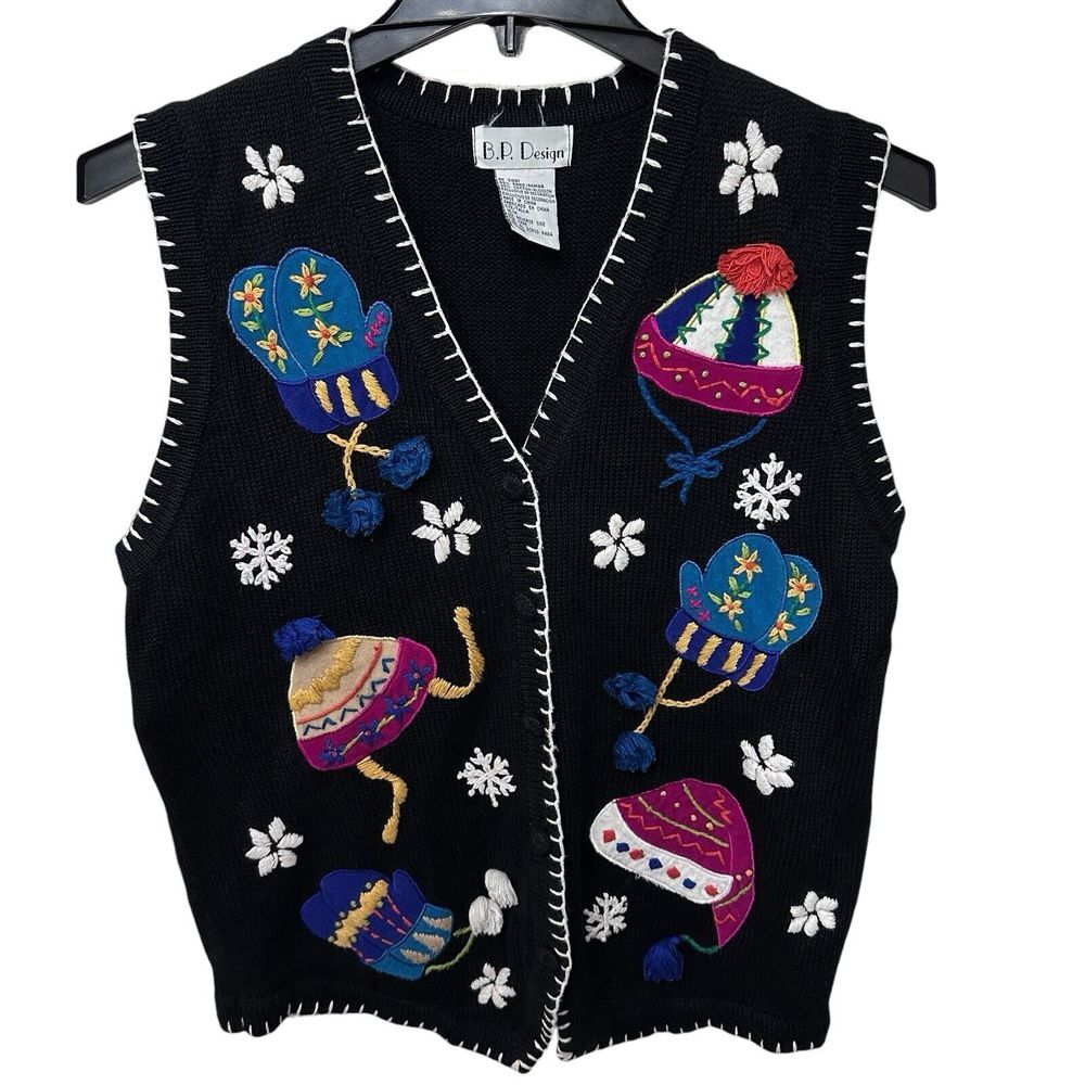 Vintage Winter Sweater Vest BP Design Women's Size Medium Toboggans &‎ Gloves